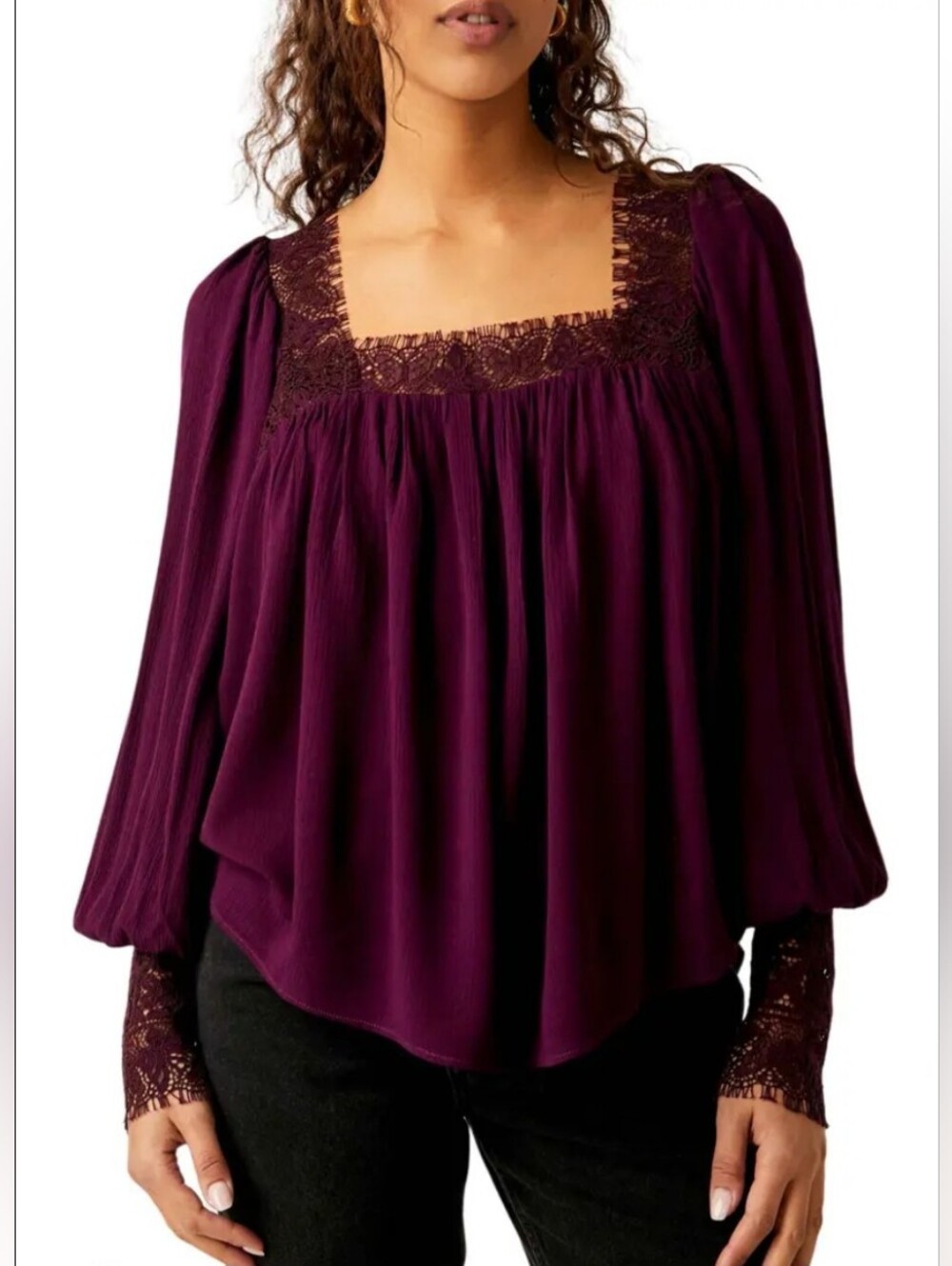 Free People Flutter By Lace-Trim Long Sleeve Blouse- Plum Womem Size Small